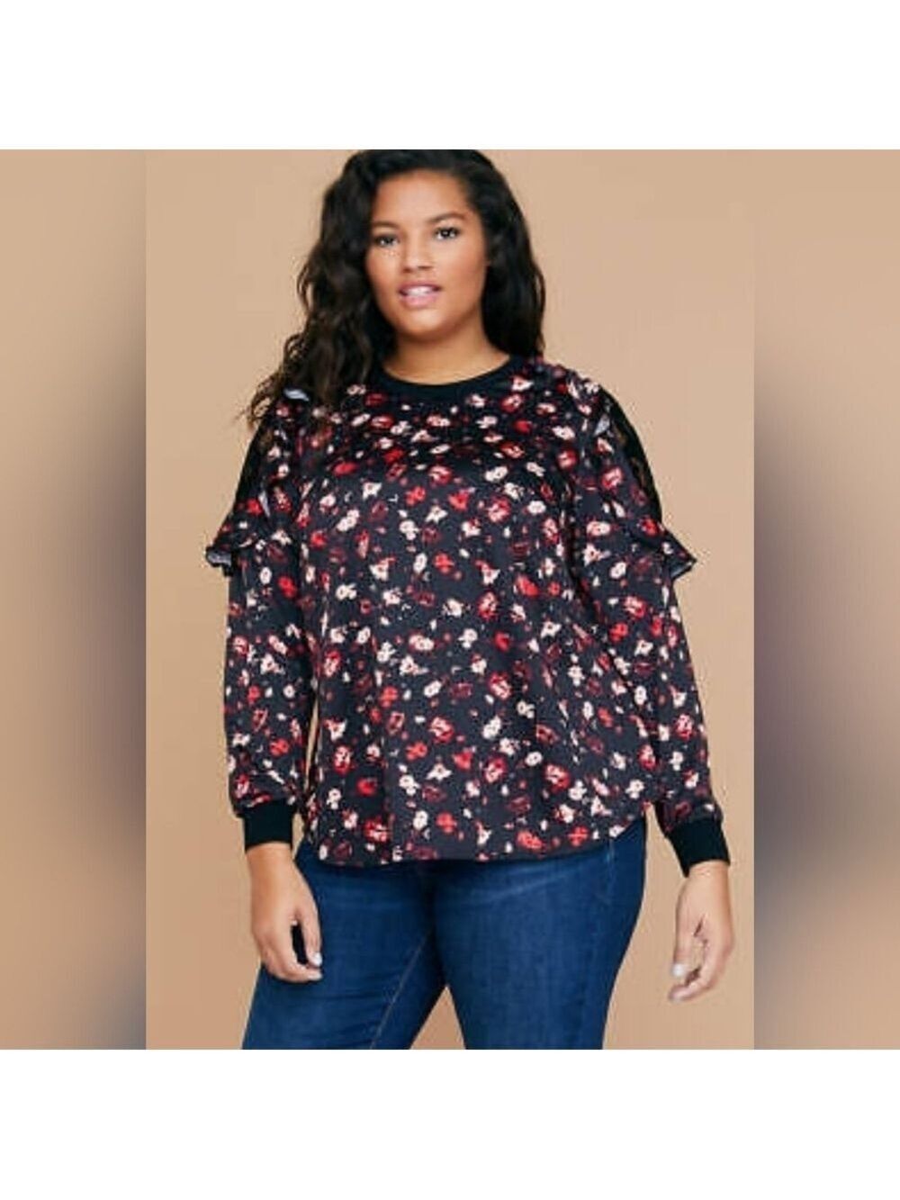 LANE BRYANT NWT WOMEN'S BLACK RUFFLED & VELVETY LACE SHOULDERS BLOUSE SIZE 18/20